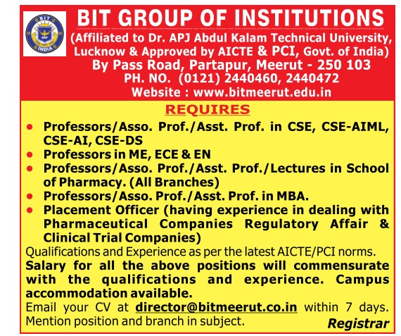 BIT Meerut Professor & Placement Officer 2024